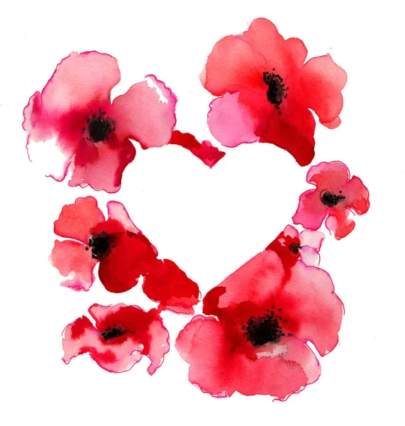 Červené Mákové Květiny Lidské Srdce Inkoust Akvarel Ilustrace — Stock fotografie