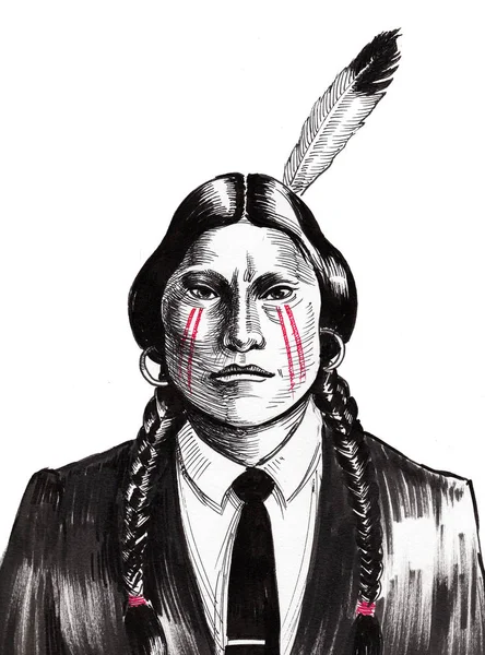 Native American Suit Ink Black White Drawing — Stock Photo, Image