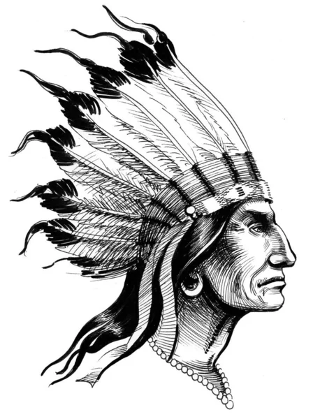 Indian Chief Ink Black White Drawing — Stock Photo, Image