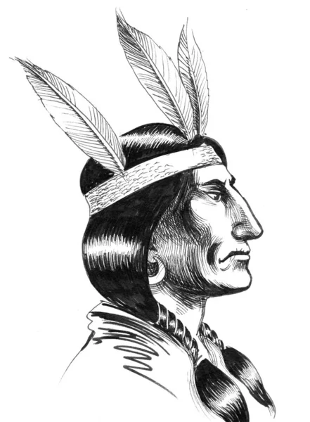 Native American Warrior Ink Black White Drawing — Stock Photo, Image