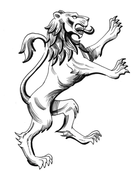 Εραλδικό Λιοντάρι Μελάνι Ασπρόμαυρο Σχέδιο — Φωτογραφία Αρχείου