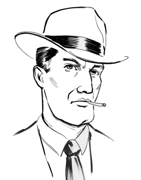 Hombre Con Sombrero Fumando Cigarrillo Dibujo Blanco Negro Tinta — Foto de Stock