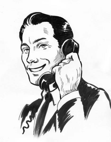 Muž Mluví Retro Telefonu Černobílá Kresba Inkoustu — Stock fotografie