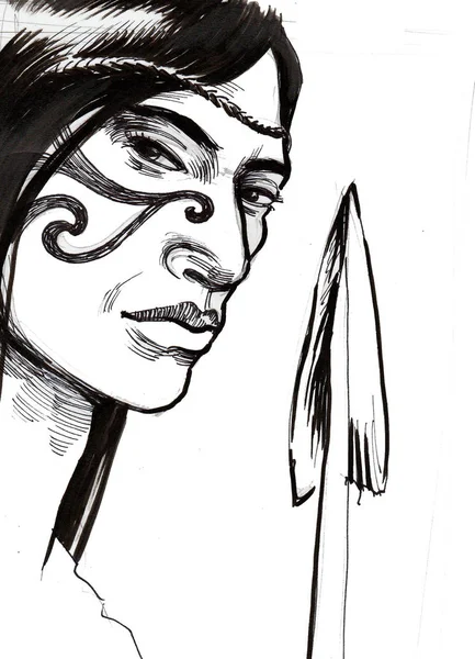 Guerreiro Maori Com Uma Lança Tinta Desenho Preto Branco — Fotografia de Stock