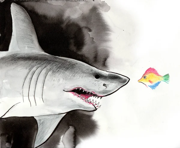 Peces Pequeños Tiburones Grandes Ilustración Tinta Acuarela —  Fotos de Stock