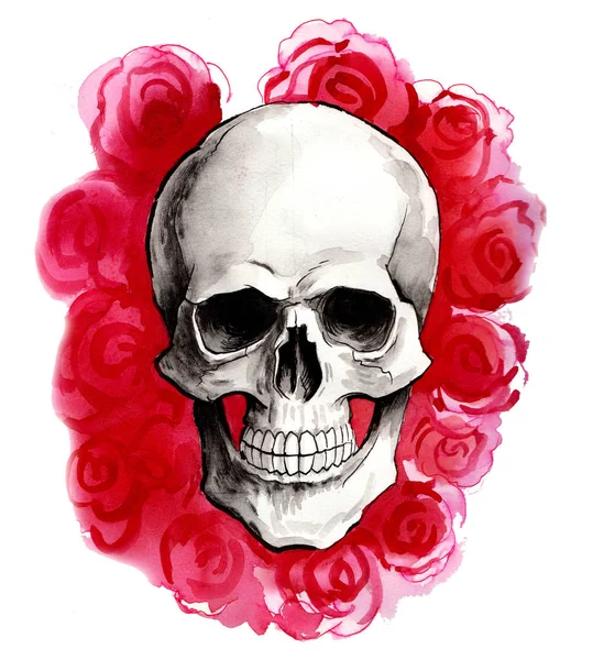 Crânio Humano Vermelho Rosa Flores Tinta Aquarela Ilustração — Fotografia de Stock