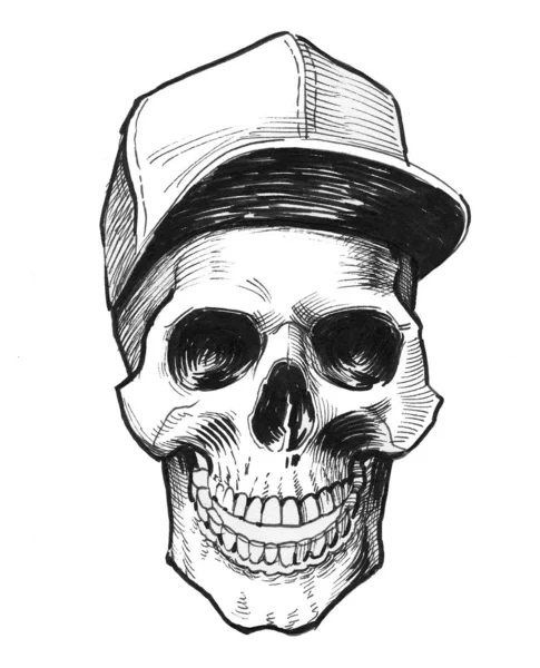 Human Skull Cap Ink Black Whit Edrawing — Stock Photo, Image