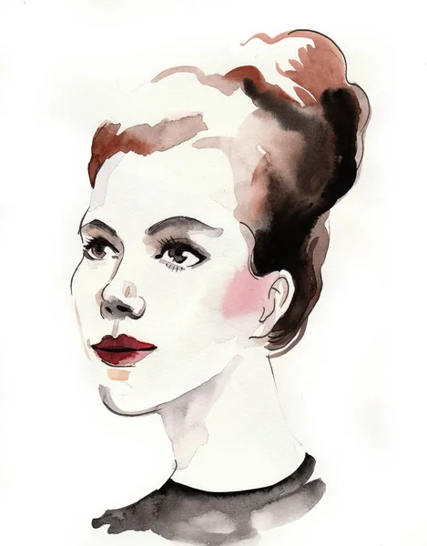 Bonita Cara Mujer Ilustración Tinta Acuarela —  Fotos de Stock
