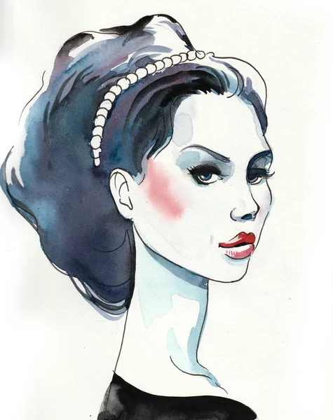 Beautiful woman head. Ink and watercolor illustration