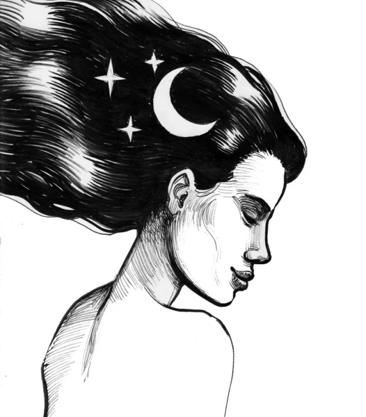 Pretty woman with moon and stars in her hair. Ink black and white drawing