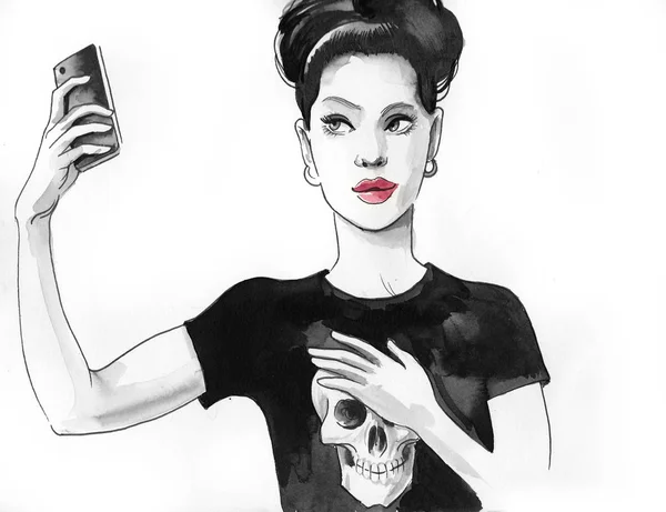 Mooi Meisje Die Selfie Neemt Inkt Aquarel Illustratie — Stockfoto