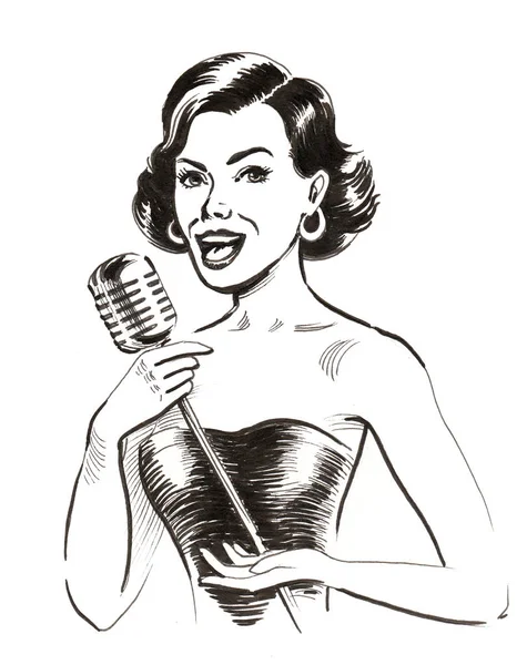 Bonita Cantante Femenina Con Micrófono Retro Dibujo Blanco Negro Tinta — Foto de Stock