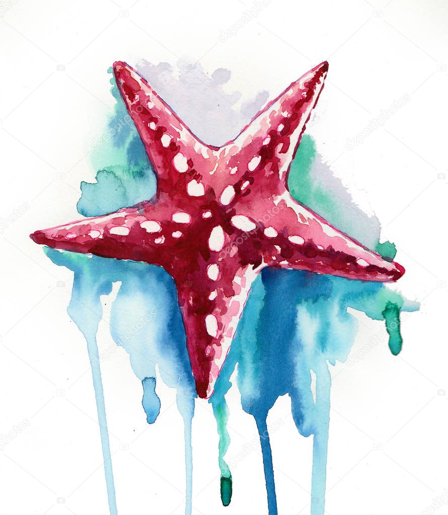 Starfish in the sea water. Watercolor painting