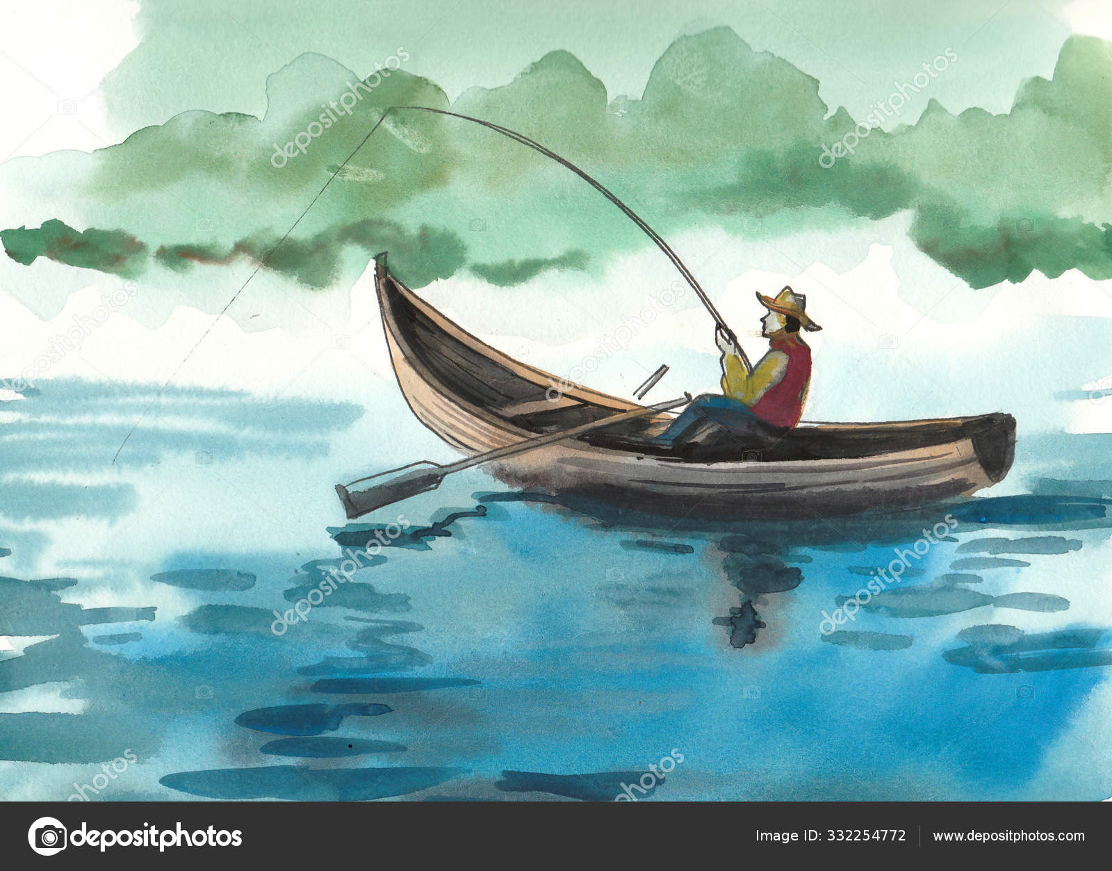 Man Boat Fishing Rod Ink Watercolor Drawing Stock Photo by ©alexblacksea  332254772