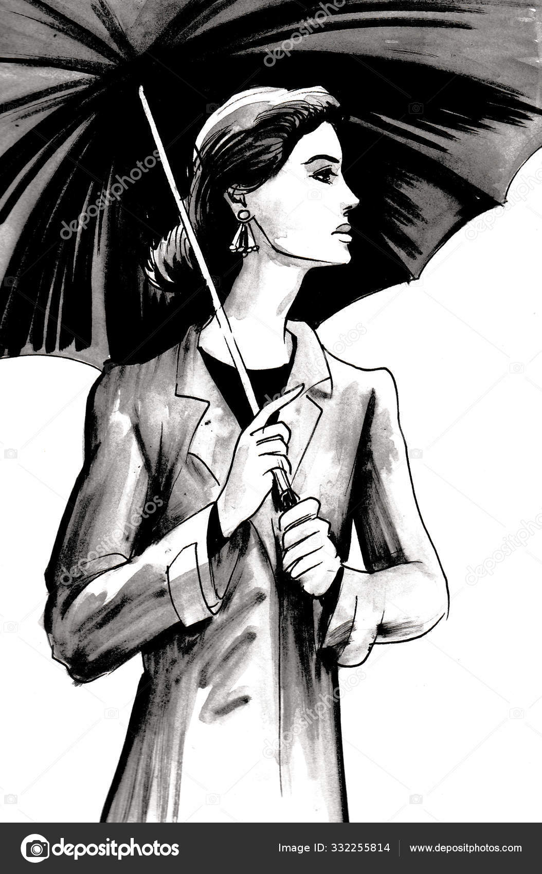 Hand Drawn Fashion Sketch Girl With Umbrella. A Long Sweater And A Pleated  Gold Skirt. Fashion Art Woman In A Skirt And Sneakers Style. Girl Walking  Under Peach Umbrella On A White