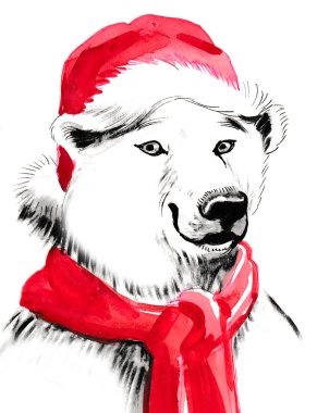 Noel Baba şapkalı kutup ayısı. Mürekkep ve suluboya çizimi