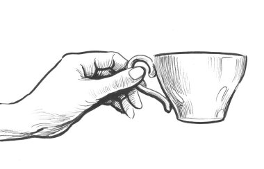 Elin bir fincan kahve tutsun. Mürekkep siyah beyaz çizim