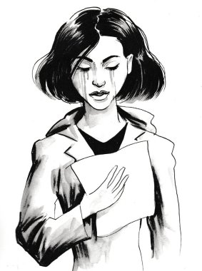 Kız mektup okuyor ve ağlıyor. Mürekkep siyah beyaz çizim