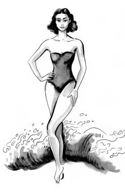 Mayo giymiş güzel bir kadın. Mürekkep ve suluboya çizim