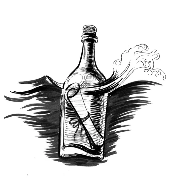 Messaggio Nella Bottiglia Inchiostro Disegno Bianco Nero — Foto Stock