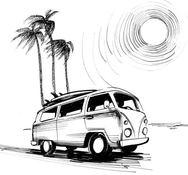 Van with surfing board on California beach. Ink black and white drawing