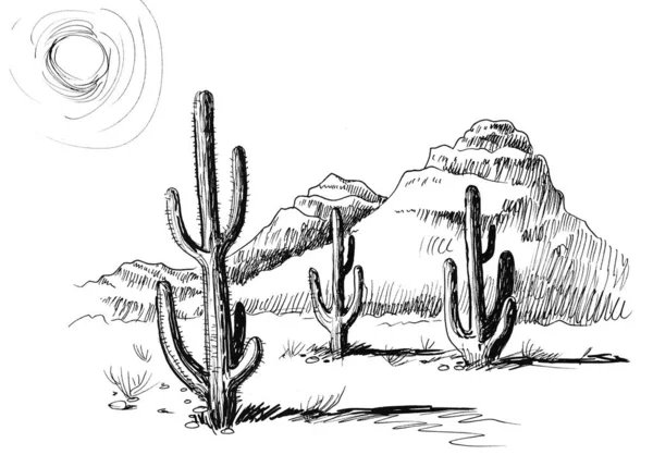 Mexican desert. Ink black and white drawing