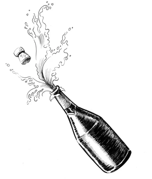 Şampanya Şişesinden Çıkan Mantar Mürekkep Siyah Beyaz Çizim — Stok fotoğraf