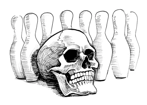 Skull Bowling Pills Ink Black White Drawing — 스톡 사진