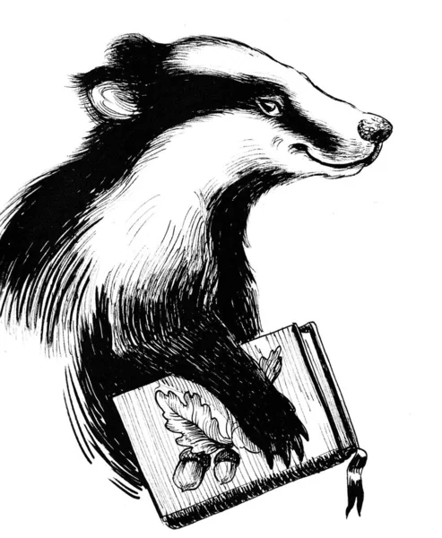 笑獾与一本书 墨水黑白画 — 图库照片