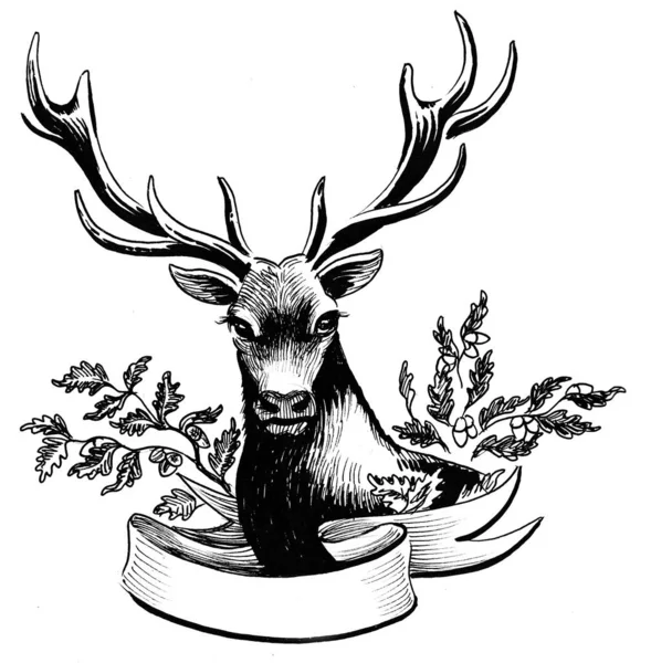 鹿鹿和树枝 墨水黑白画 — 图库照片