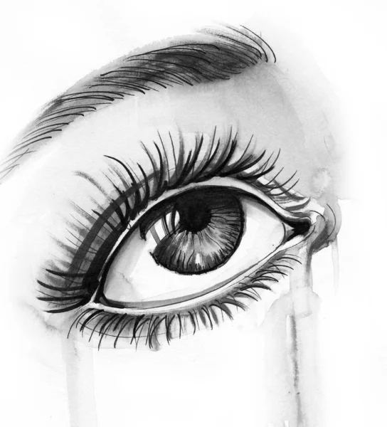 Hermoso Ojo Llorón Dibujo Blanco Negro Tinta — Foto de Stock