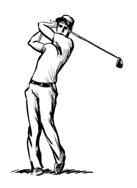 Sallanan golfçü. Mürekkep siyah beyaz çizim