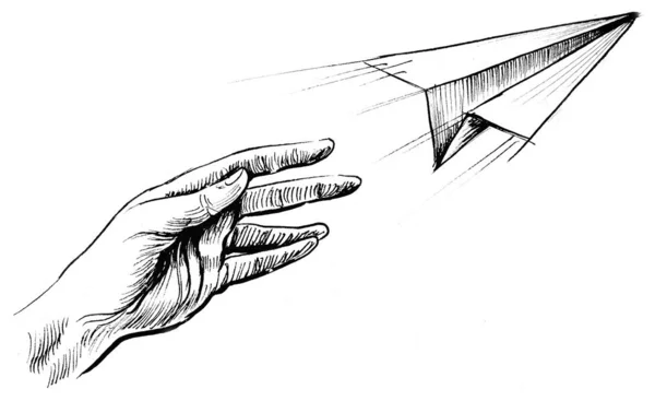 Hand Throwing Paper Plane Ink Black White Drawing — 스톡 사진