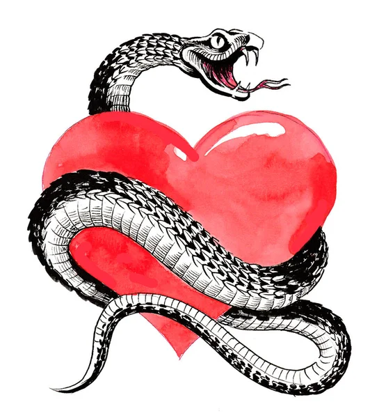 Coeur Serpent Dessin Encre Aquarelle — Photo