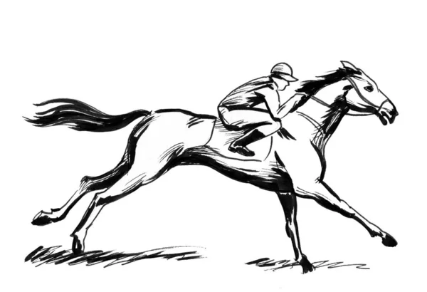 Paardenrennen Inkt Zwart Wit Tekening — Stockfoto