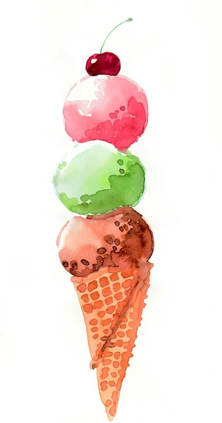 Cone Gelado Desenho Tinta Aquarela — Fotografia de Stock