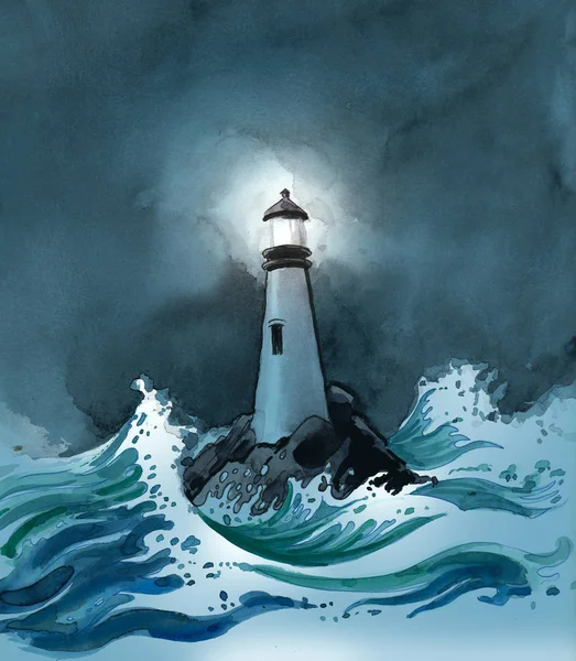 Lighthouse Stormy Sea Ink Watercolor Drawing — Stock Photo, Image