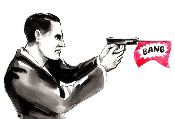 Gangster Avec Une Arme Jouet Dessin Encre Aquarelle — Photo