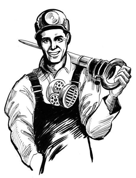 Miner Worker Hammer Ink Black White Drawing — 스톡 사진