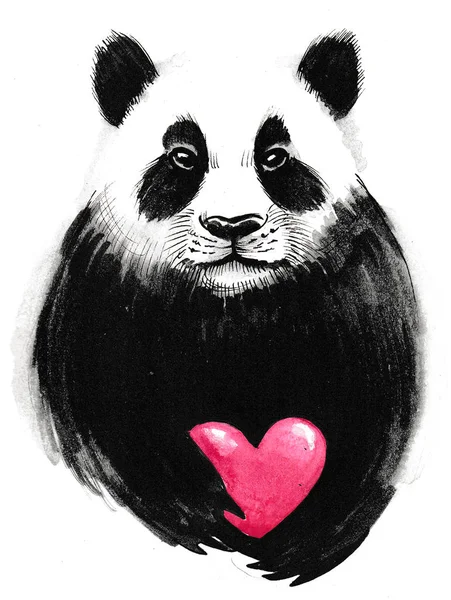 Panda Bear Heart Ink Watercolor Drawing — Stock Photo, Image