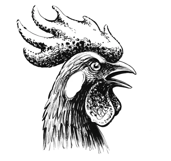 Hahnenkopf Schwarz Weiße Tuschezeichnung — Stockfoto