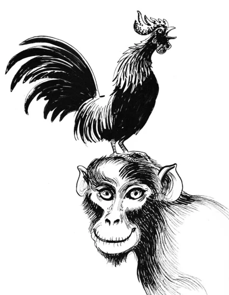 Galo Sentado Cabeça Macaco Tinta Desenho Preto Branco — Fotografia de Stock