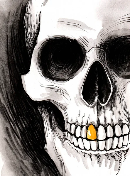 黄金の歯を持つ人間の頭蓋骨 水墨画 — ストック写真