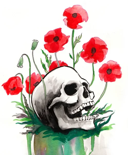 Calavera Humana Flor Amapola Ilustración Tinta Acuarela — Foto de Stock