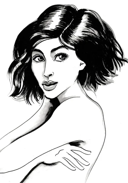 Güzel Kadın Mürekkep Siyah Beyaz Çizim — Stok fotoğraf
