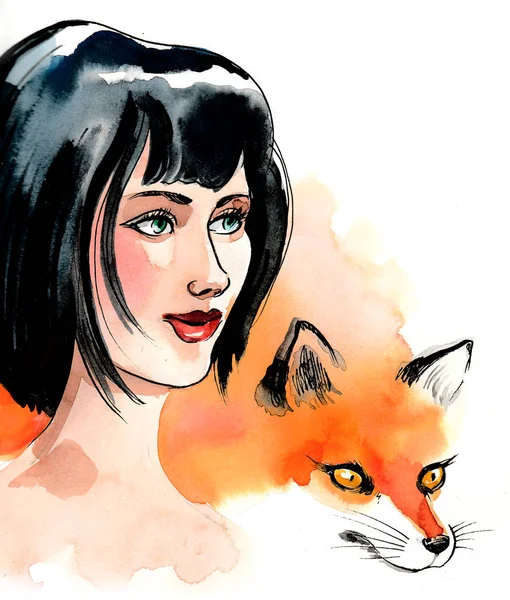 美しい女性とキツネの動物 水墨画 — ストック写真