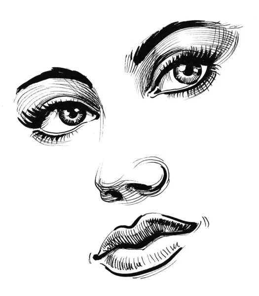 Hezký Ženský Obličej Černobílá Kresba Inkoustu — Stock fotografie