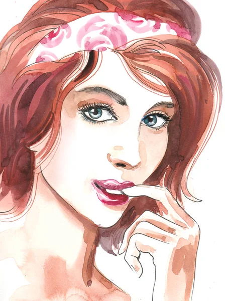 Cara Mulher Bonita Tinta Aquarela Ilustração — Fotografia de Stock