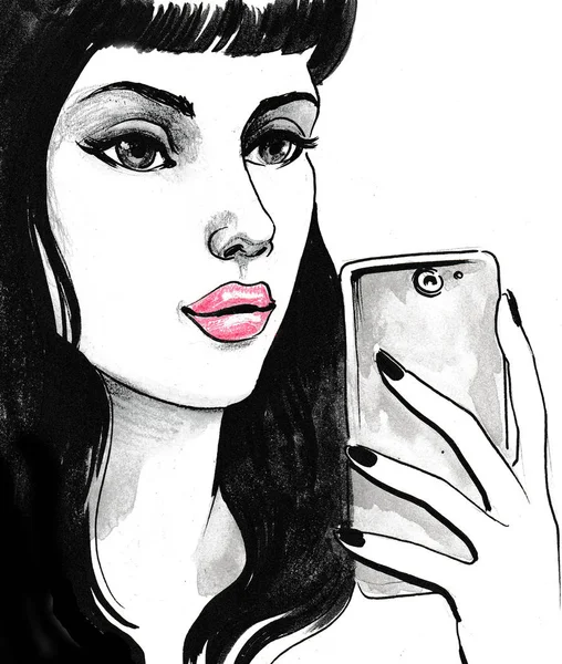 Pretty Woman Telephone Ink Black White Drawing — Stock Photo, Image