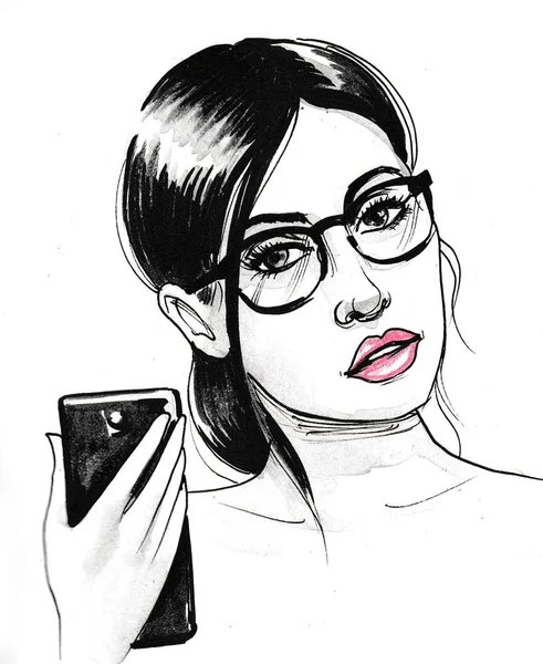 Pretty Woman Glasses Taking Selfie Telephone Ink Black White Drawing — 스톡 사진